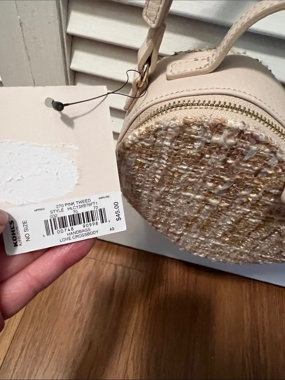 #2571**”7x9” Heart-Shaped Tweed Crossbody Bag in Beige